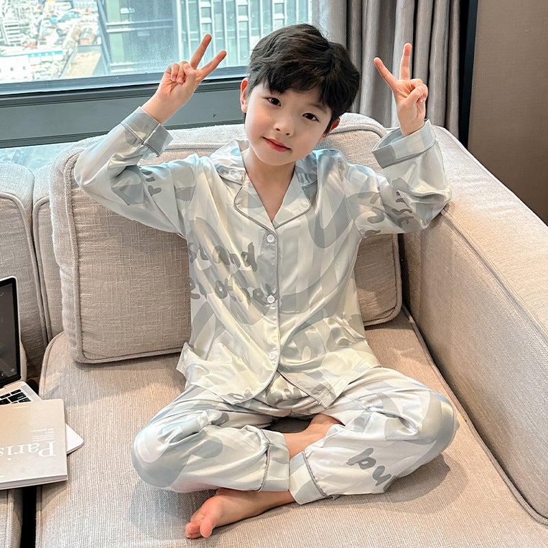 Boys Pajamas suit Spring and Summer 2025 New Ice Silk Long Sleeve Home Clothes for Large Children and Boys Thin Air-conditioning Clothes 419 Jacquard Wide Strip 