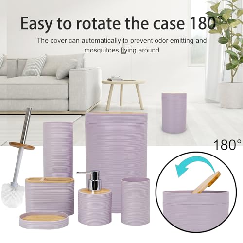 CERBIOR Bathroom Accessories Set 6 Piece Bamboo Bath Ensemble Includes Soap Dispenser, Toothbrush Holder, Toothbrush Cup, Soap Dish for Decorative Countertop and Housewarming Gift, Sriral Purple - Image 5