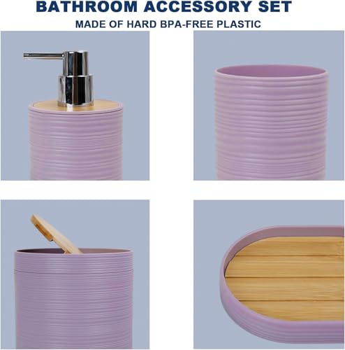 CERBIOR Bathroom Accessories Set 6 Piece Bamboo Bath Ensemble Includes Soap Dispenser, Toothbrush Holder, Toothbrush Cup, Soap Dish for Decorative Countertop and Housewarming Gift, Sriral Purple - Image 4