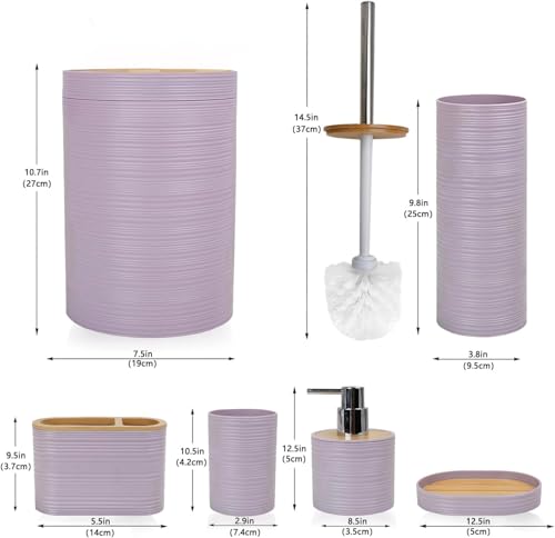 CERBIOR Bathroom Accessories Set 6 Piece Bamboo Bath Ensemble Includes Soap Dispenser, Toothbrush Holder, Toothbrush Cup, Soap Dish for Decorative Countertop and Housewarming Gift, Sriral Purple - Image 3