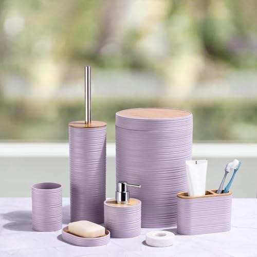 CERBIOR Bathroom Accessories Set 6 Piece Bamboo Bath Ensemble Includes Soap Dispenser, Toothbrush Holder, Toothbrush Cup, Soap Dish for Decorative Countertop and Housewarming Gift, Sriral Purple - Image 2