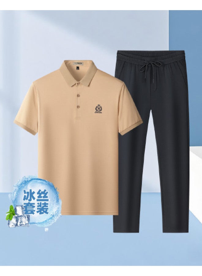 Tucano 2-piece Set】summer Short Sleeve Polo Shirt + Ice Silk Casual Trousers Loose Fit Dad Outfit Men's Suit - Image 1