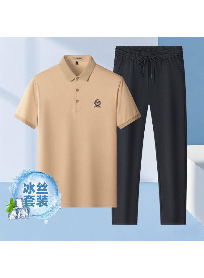 Tucano 2-piece Set】summer Short Sleeve Polo Shirt + Ice Silk Casual Trousers Loose Fit Dad Outfit Men's Suit - Image 2