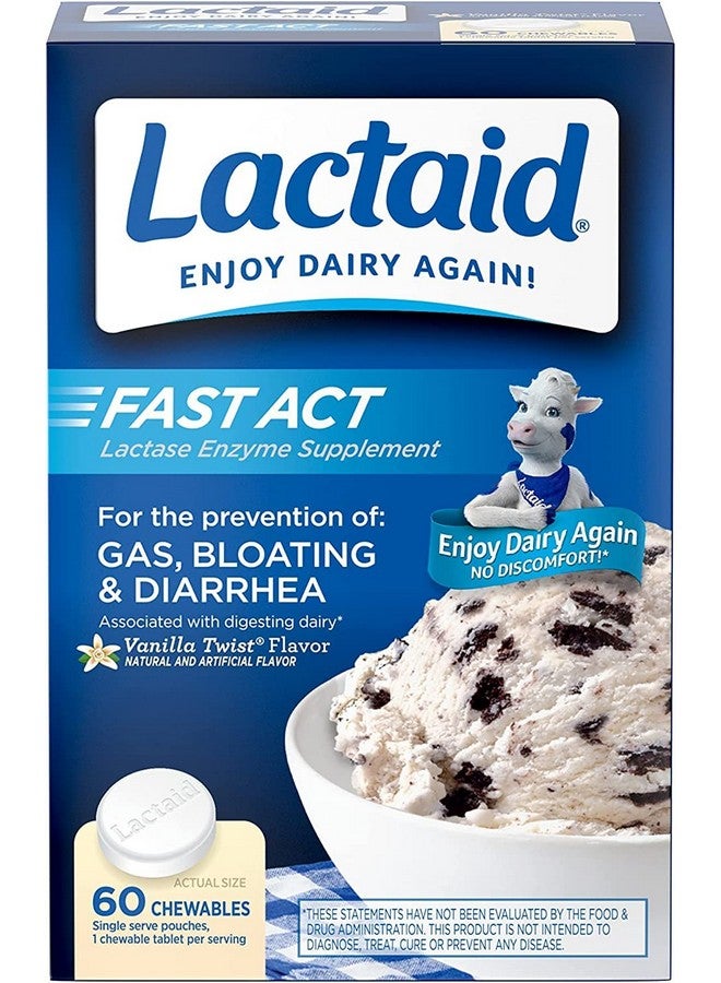 Lactaid Fast Act Lactose Intolerance Relief Chewables with Natural Lactase Enzyme to Prevent Gas, Bloating & Diarrhea Due to Lactose Sensitivity, On-the-Go, Vanilla Twist Flavor, 60 x 1 ct (Pack of 4) - Image 1