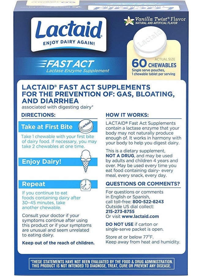 Lactaid Fast Act Lactose Intolerance Relief Chewables with Natural Lactase Enzyme to Prevent Gas, Bloating & Diarrhea Due to Lactose Sensitivity, On-the-Go, Vanilla Twist Flavor, 60 x 1 ct (Pack of 4) - Image 4