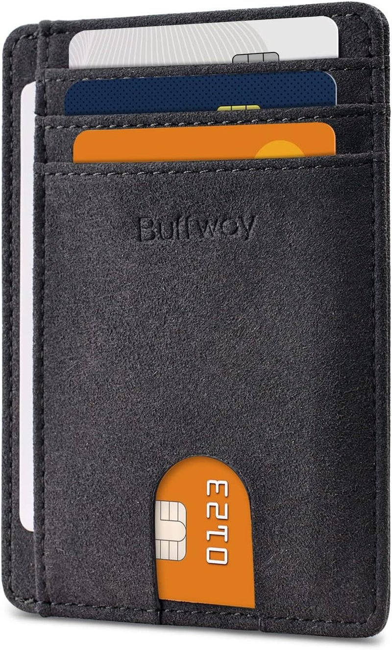 Buffway Slim Minimalist Front Pocket RFID Blocking Leather Wallets for Men and Women - At Sahara Carbon Black - Image 1