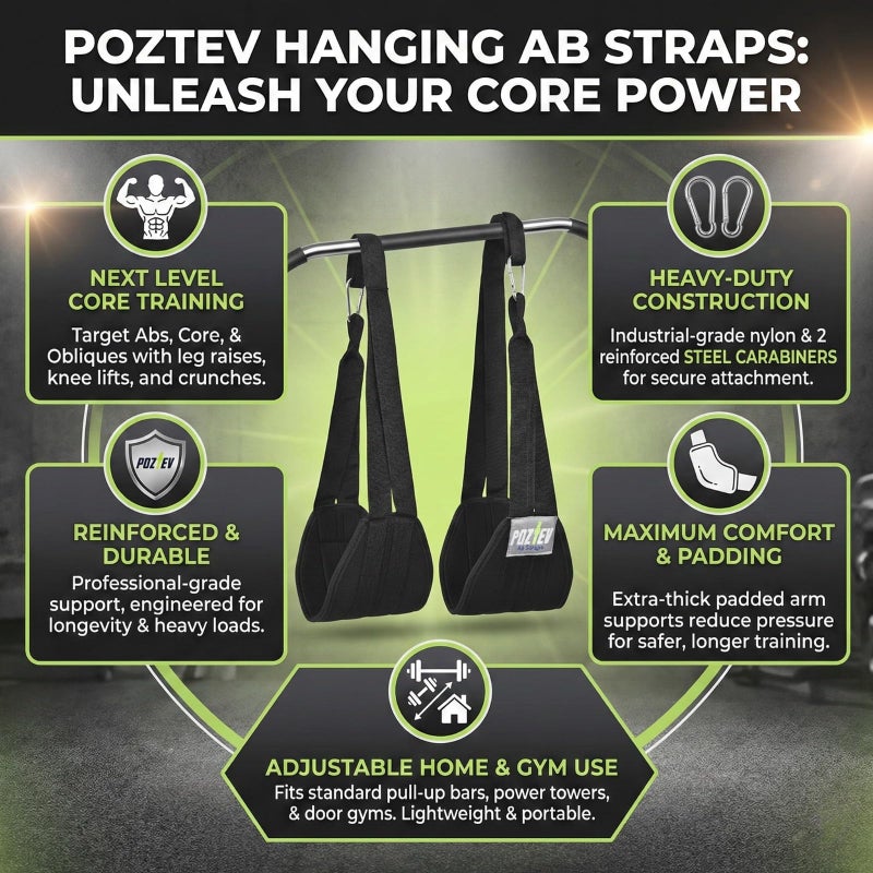 POZTEV Hanging Ab Straps for Pull Up Bar â€“ Heavy Duty Padded Arm Slings with 2 Steel Carabiners for Leg Raises, Core & Abdominal Workout Equipment â€“ Adjustable Gym Ab Straps for Men and Women - Best for Home & Gym Fitness Training (Pair) - Image 2