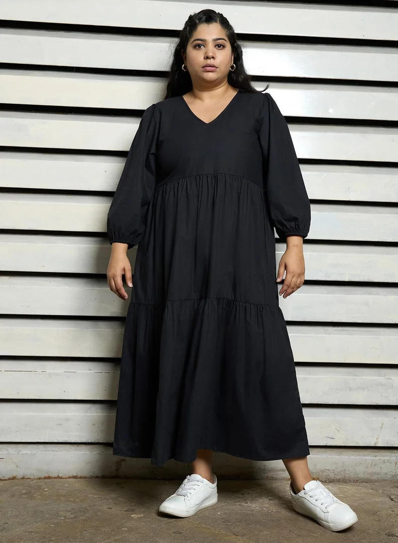 Women's Black 100% Cotton Solid Pattern Midi Smock Flared Dress