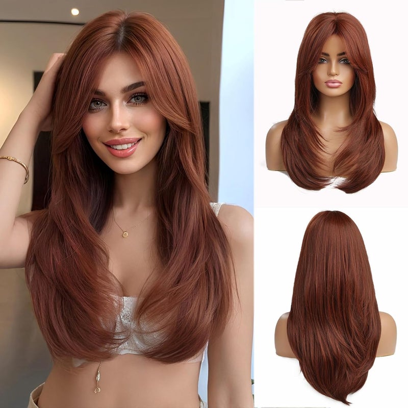 باروكة إسمى الطويلة باللون الكستنائي للنساء، باروكة شعر صناعي بطبقات مع جذور داكنة للحفلات اليومية، الكوسبلاي، التصوير، الزفاف، والمواعدة، باروكة كستنائية 20