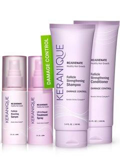 Keranique Damage Control Set For Thinning Hair Shampoo & Conditioner For Damaged Hair Follicle Booster Serum Lift & Repair Spray Keratin Enriched Repair Products For Dry Thin Hair Travel Size  - Image 1