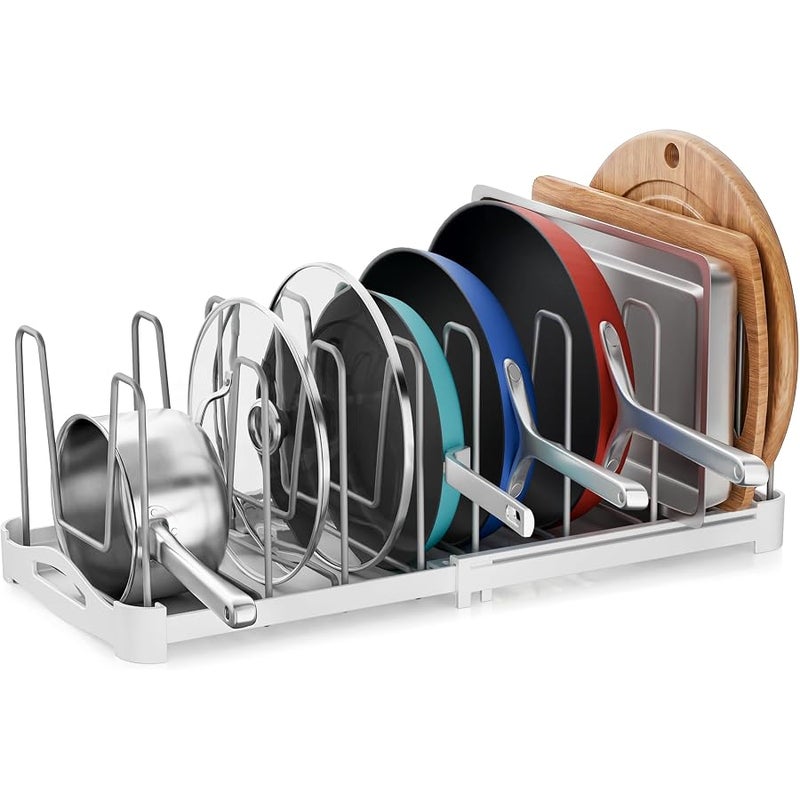 EVERIE Adjustable Bakeware Organizer Pot Lid Holder Rack for Pots, Cake Molds, Cutting Boards, Mats, Cookware, GS02SS, 7.7'' Deep by 12.6'' to 21.5'' Wide - Image 1