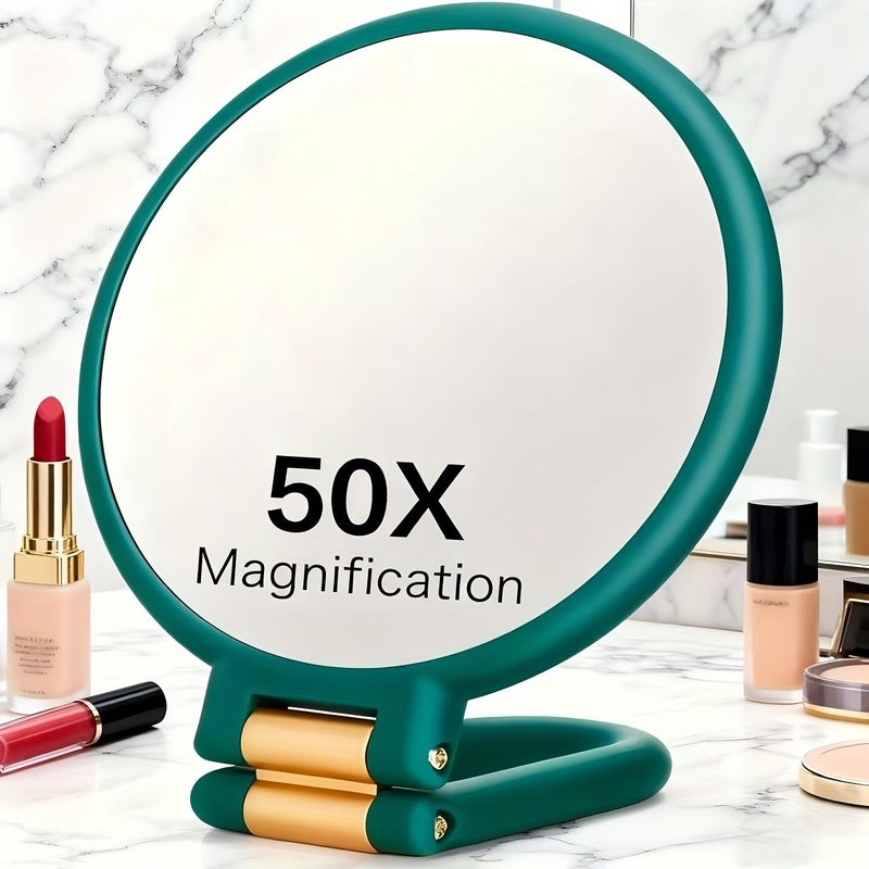 مرآة مكياج مكبرة يدوية مزدوجة الجوانب مقاس 50x باللون الوردي مع مقبض دوار 360 درجة - Image 2