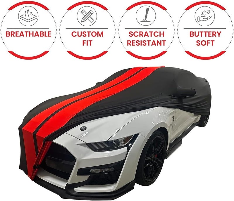 SR1 Performance 2015-2021 Ford Mustang Ultraguard Sport Series Stretch Satin Indoor Car Cover - Black with Red Stripes - Image 2