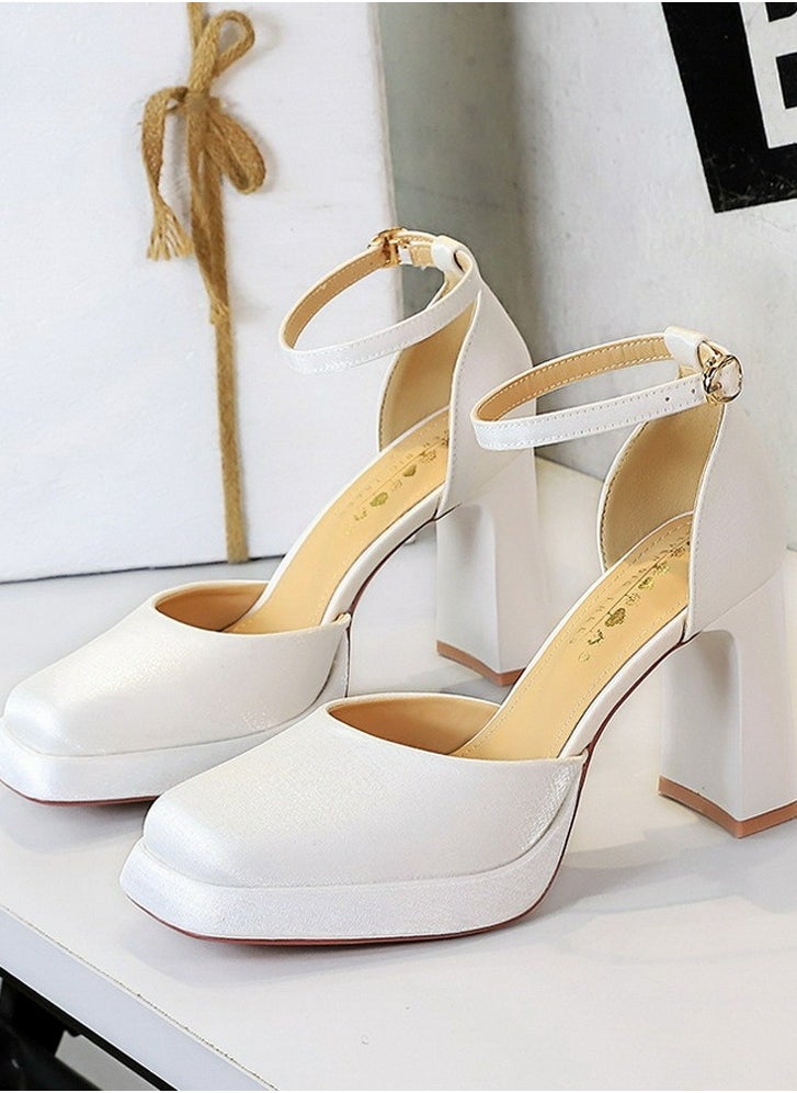 BIGTREE Womens Satin Platform Chunky High Heel Square Closed Toe Pumps With Ankle Strap White 9CM  - Image 1