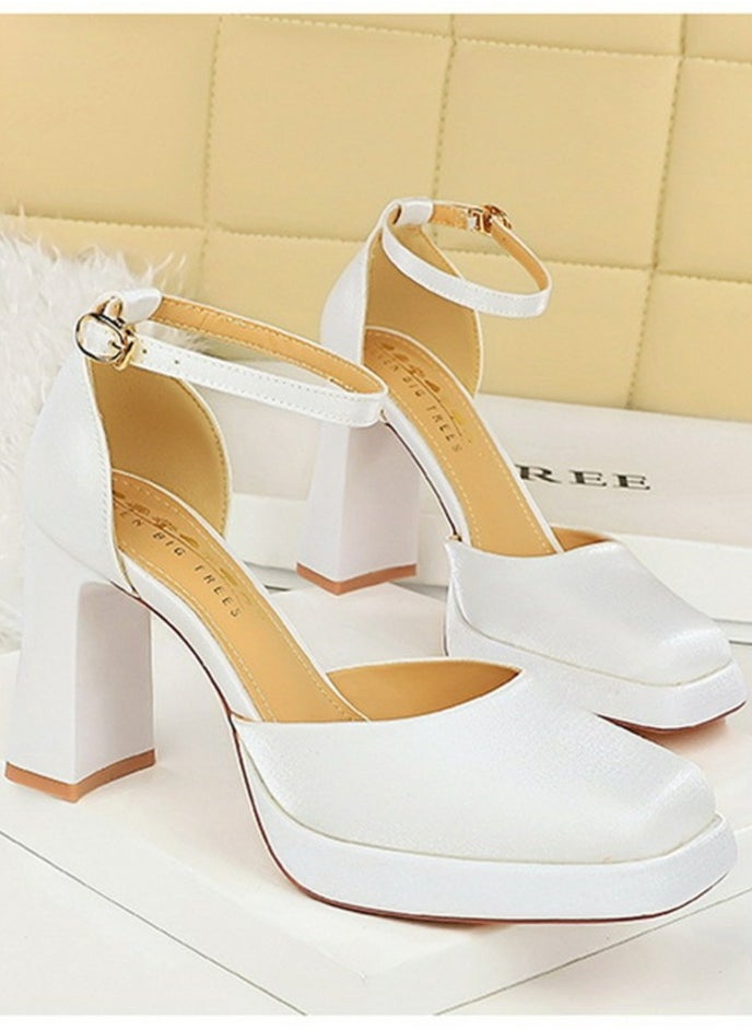 BIGTREE Womens Satin Platform Chunky High Heel Square Closed Toe Pumps With Ankle Strap White 9CM  - Image 2