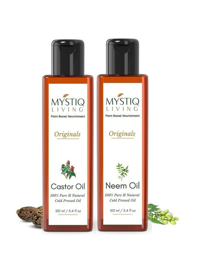 MYSTIQ LIVING - Originals Combo Castor Oil & Neem Oil; For Hair & Skin Care ; Cold Pressed 100% Pure & Natural 200 Ml (Pack Of 2) 100 Ml Each - Image 1