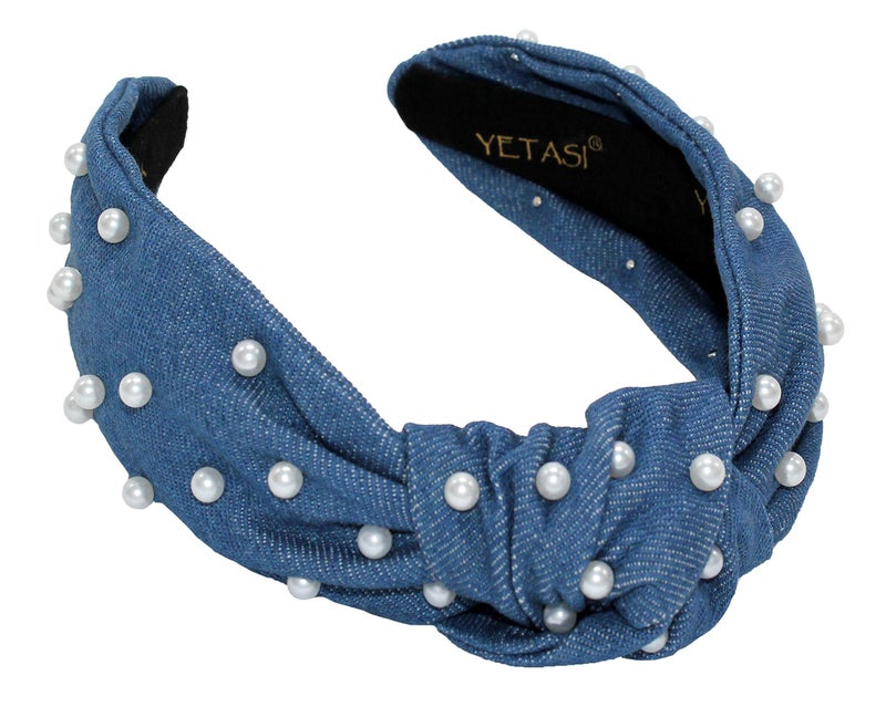 YETASI Blue Knotted Headband for Women with Pearls is a Comfy Denim Pearl Headbands for Women Fashion Dark Blue Jean Girls Head bands Top Knot Thick for Hair