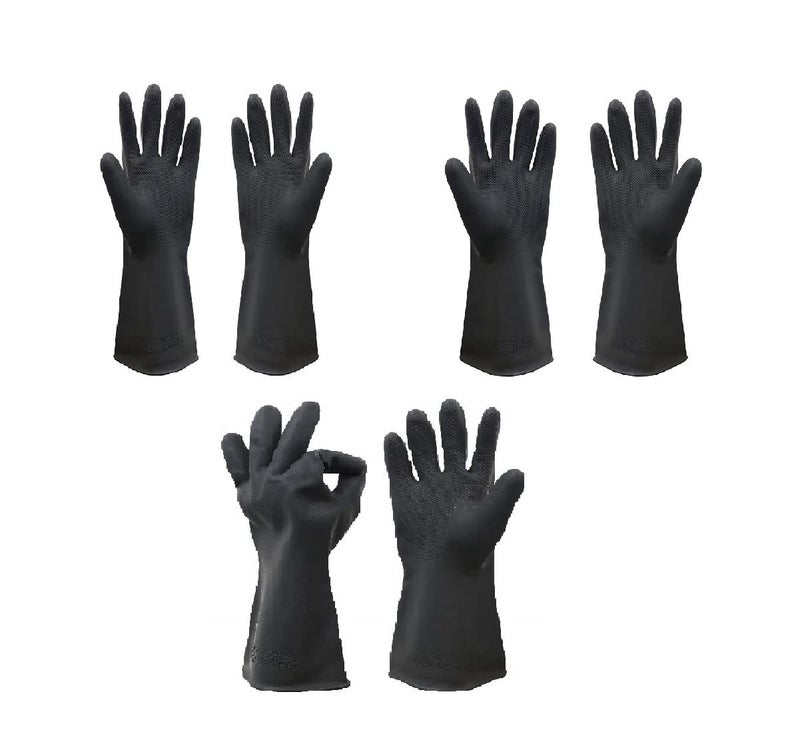 Ekon Combo of 3 Latex Non Slip Multipurpose Heavy Duty Reusable Safety Rubber Hand Gloves For Chemical Resistance Protective Lab Gardening Industrial Building Construction Agriculture Work Men Black - Image 1
