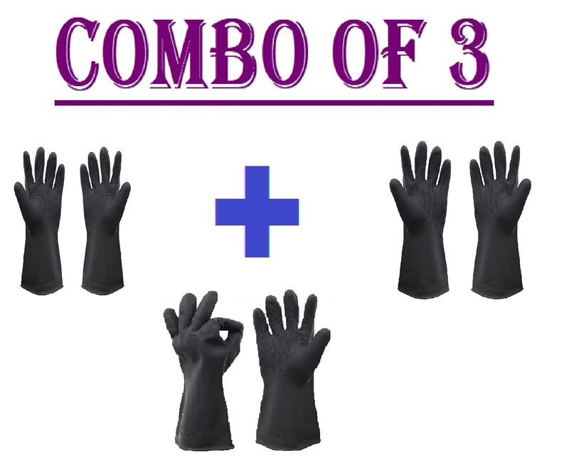 Ekon Combo of 3 Latex Non Slip Multipurpose Heavy Duty Reusable Safety Rubber Hand Gloves For Chemical Resistance Protective Lab Gardening Industrial Building Construction Agriculture Work Men Black - Image 2
