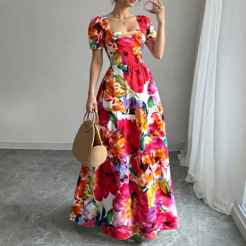Women's French Style Floral Printed Vacation Maxi Dress - Image 1