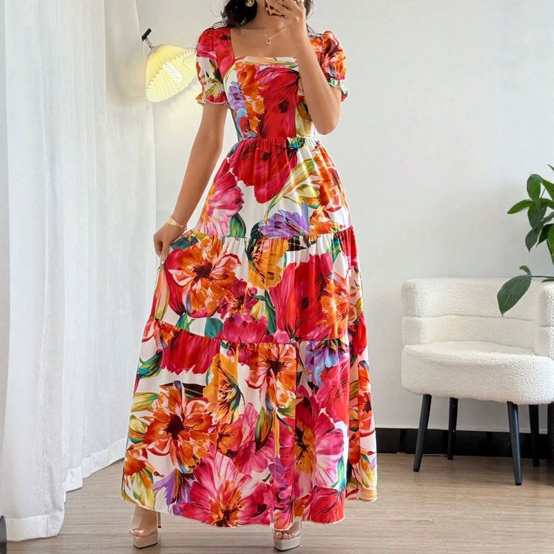 Women's French Style Floral Printed Vacation Maxi Dress - Image 2