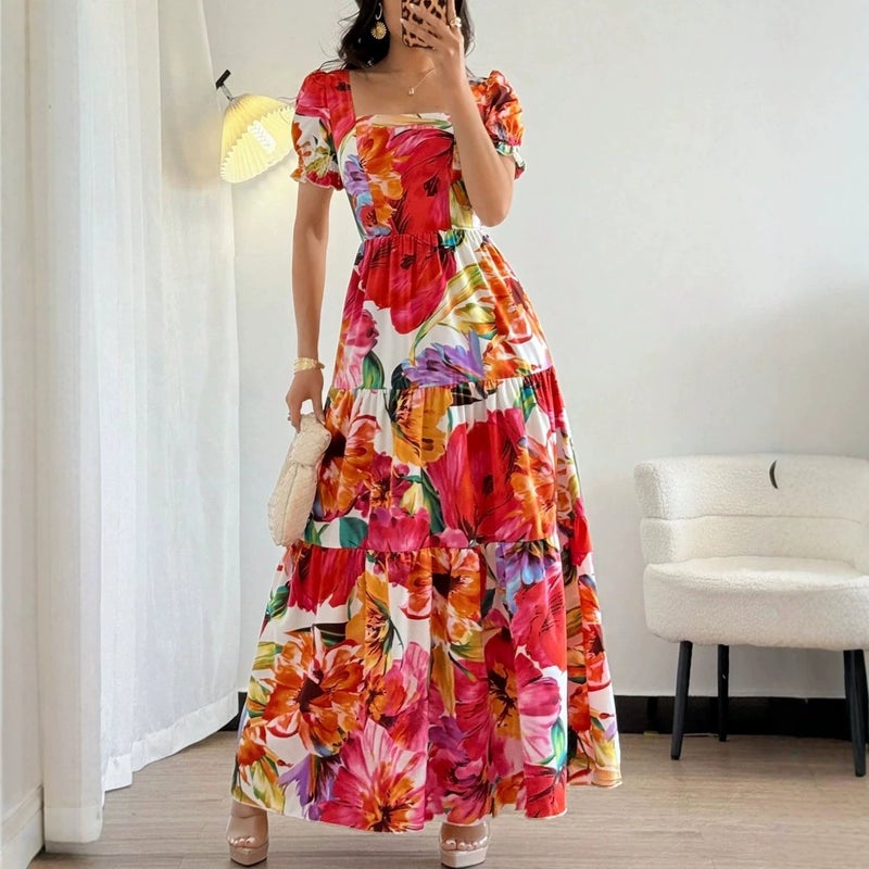 Women's French Style Floral Printed Vacation Maxi Dress - Image 4