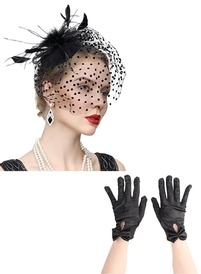 Mesh Feather Bow Veil Hair Clip Glove Set, Black 