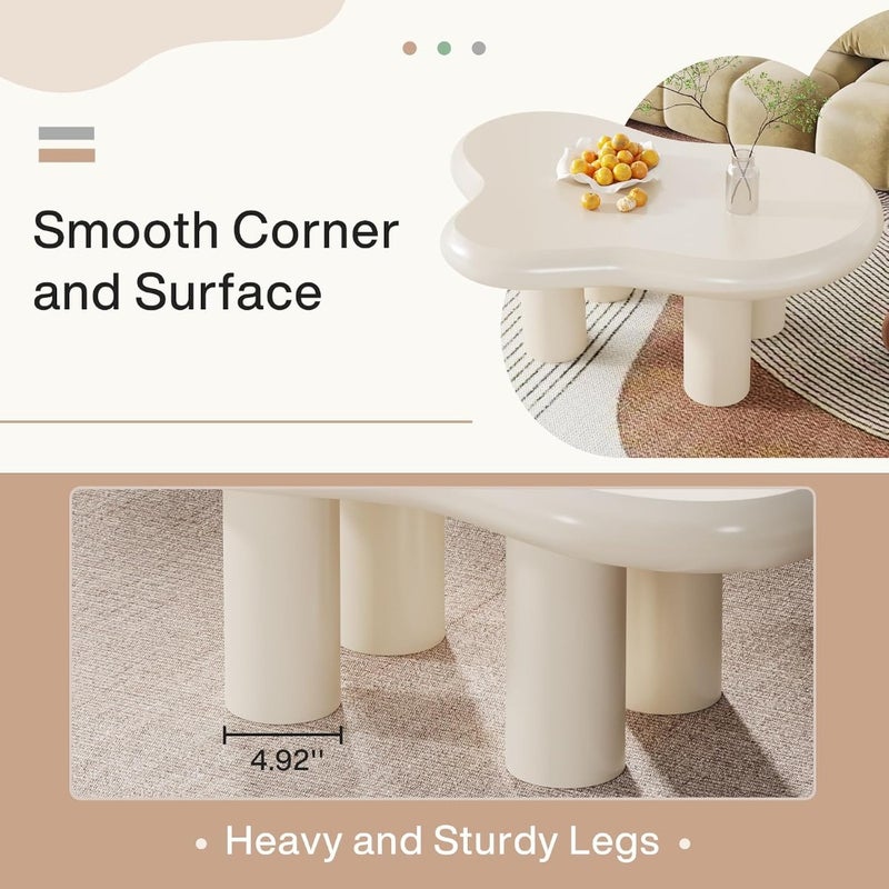 100cm Cloud Coffee Table, Cute Cream Coffee Table with 4 Solid Legs, Modern Carton Center Table for Living Room, Home Office, Funky Minimalist Tea Table White - Image 4