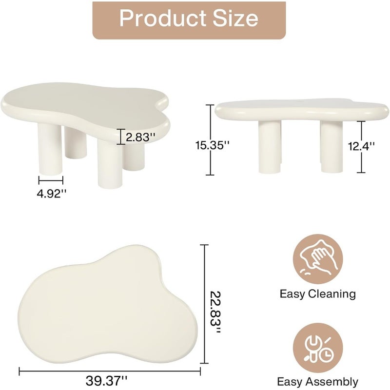 100cm Cloud Coffee Table, Cute Cream Coffee Table with 4 Solid Legs, Modern Carton Center Table for Living Room, Home Office, Funky Minimalist Tea Table White - Image 2