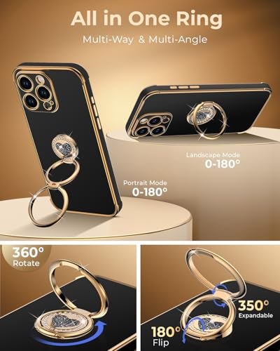 XYZ for iPhone 16 Pro Max Case with Stand, Phone Case with Double Ring Kickstand, Women Girls Bling Luxury Protective Case Heart for iPhone 16 Pro Max 6.9 inch, Black - Image 3