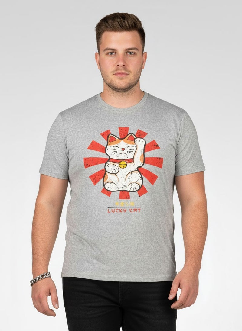 YOTO Men Crew Neck Graphic Print Short Sleeve T-Shirt, Grey - Image 1