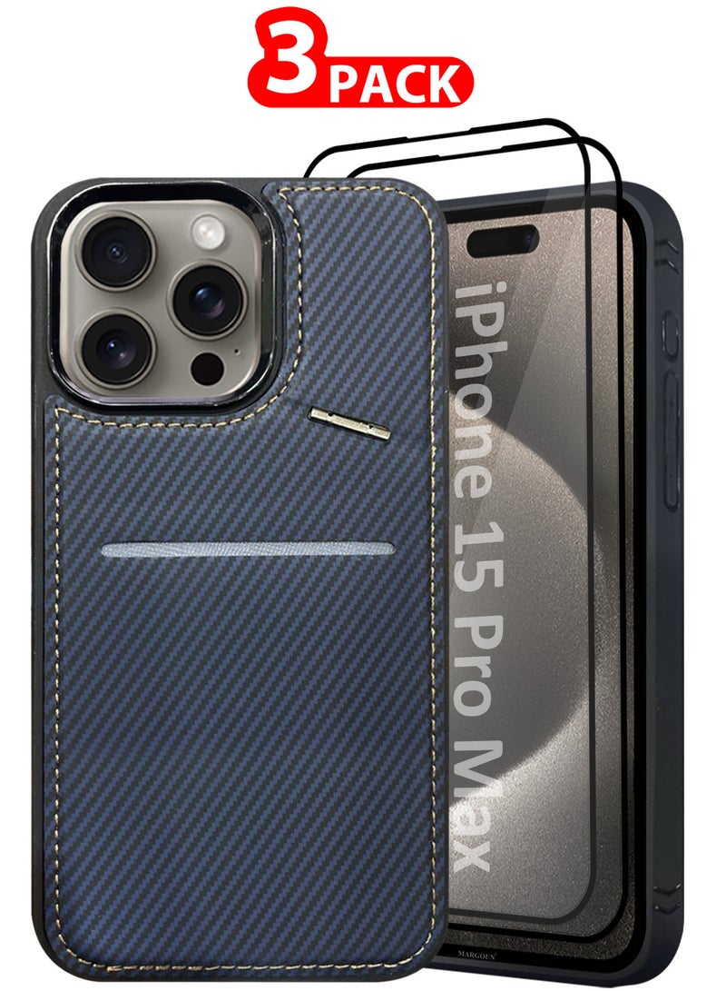CATANES iPhone 15 Pro Max 3Pack Case Leather Cover Card Holder and Kickstand with 2 Screen Protector Tempered Glassfor Men Women Phone Case with Carbon Fiber Pattern - Image 1