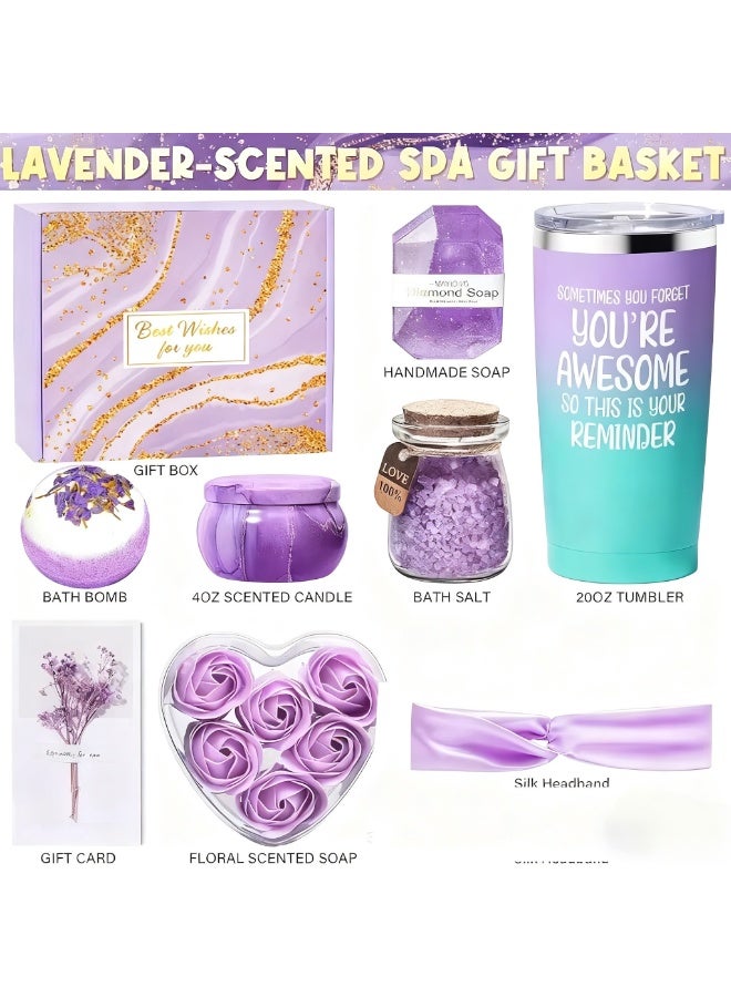 JAYATO Relaxing Spa Treatment Package of Gift Items for Ladies, Women, Girls - Birthday Celebration Creative Festival Gift - 20OZ Tumbler Caffee Cup with Handmade Soap, 40Z Scented Candle, Bath Bomb, Flower Scented Soap, Bath Salt, Slid Headband, Gift Card an d Gift Box, Purple - Image 2