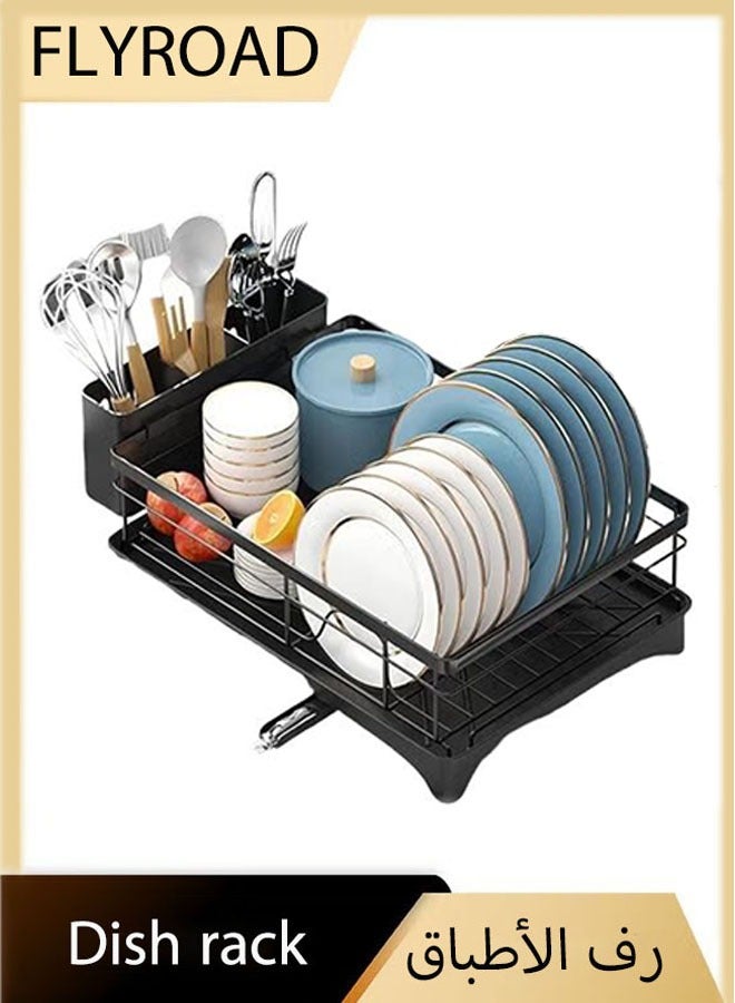 فلاي رود رف تجفيف الأطباق، رفوف أطباق لطاولة المطبخ مع لوح تصريف، مصفاة أطباق مقاومة للصدأ مع حامل أدوات قابل للإزالة وفوهة دوارة، أسود - Image 1