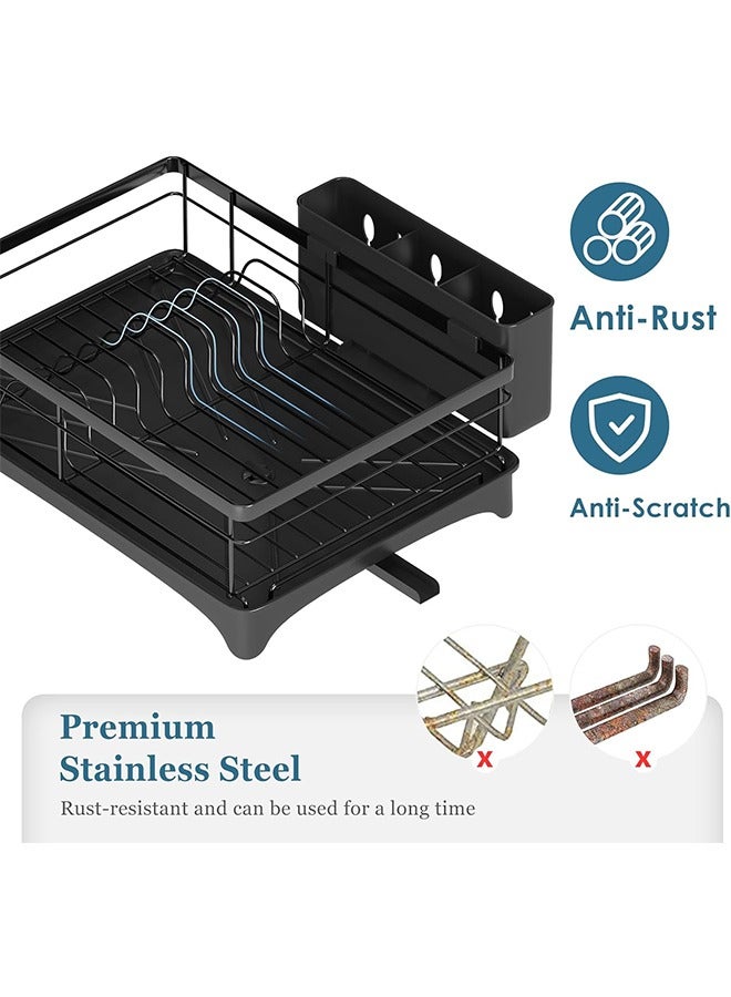 فلاي رود رف تجفيف الأطباق، رفوف أطباق لطاولة المطبخ مع لوح تصريف، مصفاة أطباق مقاومة للصدأ مع حامل أدوات قابل للإزالة وفوهة دوارة، أسود - Image 5