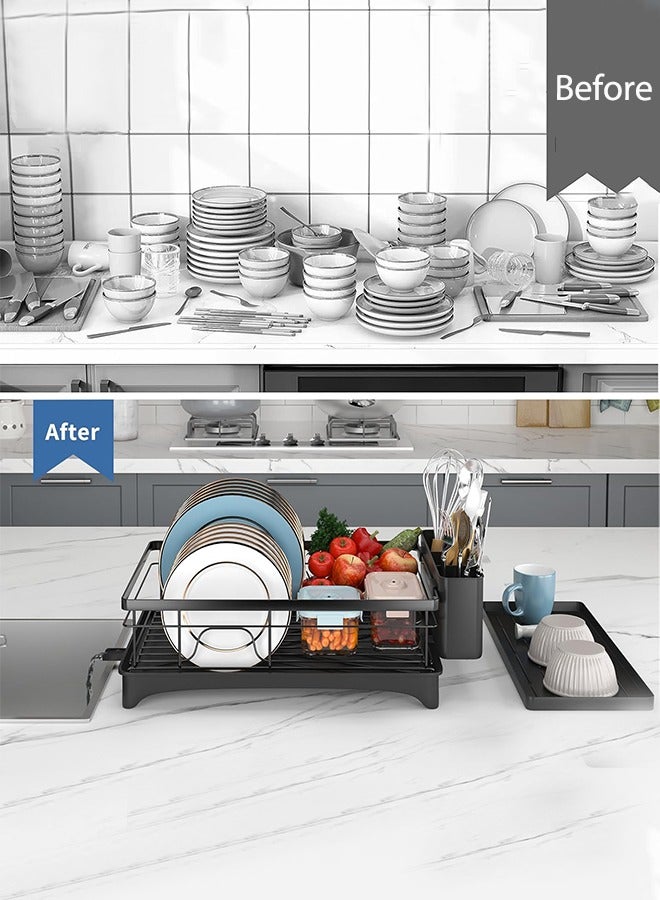 فلاي رود رف تجفيف الأطباق، رفوف أطباق لطاولة المطبخ مع لوح تصريف، مصفاة أطباق مقاومة للصدأ مع حامل أدوات قابل للإزالة وفوهة دوارة، أسود - Image 3