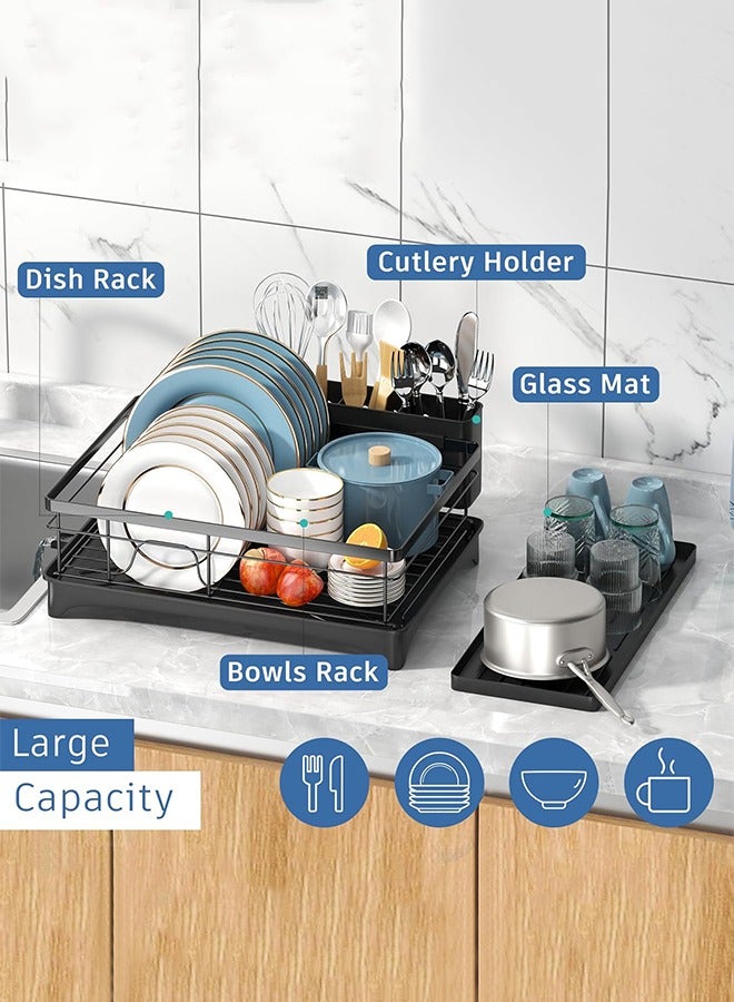 فلاي رود رف تجفيف الأطباق، رفوف أطباق لطاولة المطبخ مع لوح تصريف، مصفاة أطباق مقاومة للصدأ مع حامل أدوات قابل للإزالة وفوهة دوارة، أسود - Image 2