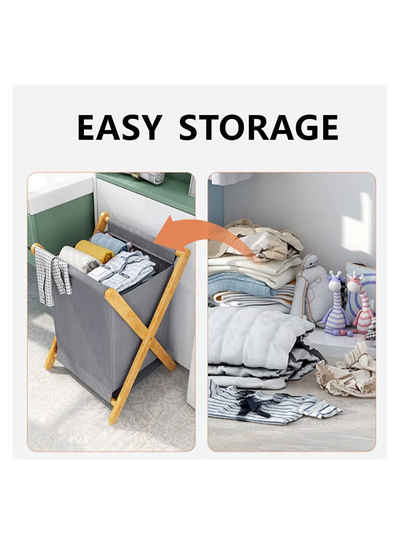 GGEROU Bamboo Laundry Hamper Sorter Cart, Portable and Collapsible Folding Clothes Laundry Basket Storage with Removable Liner Bag,Grey - Image 2