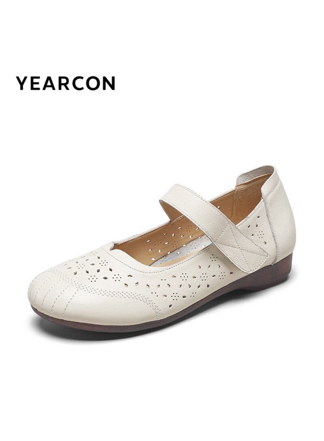 YEARCON Women'S Retro Penny Loafers Low Heel Hollow Single Shoes Casual Mom Shoes 28026W Beige 36 - Image 3