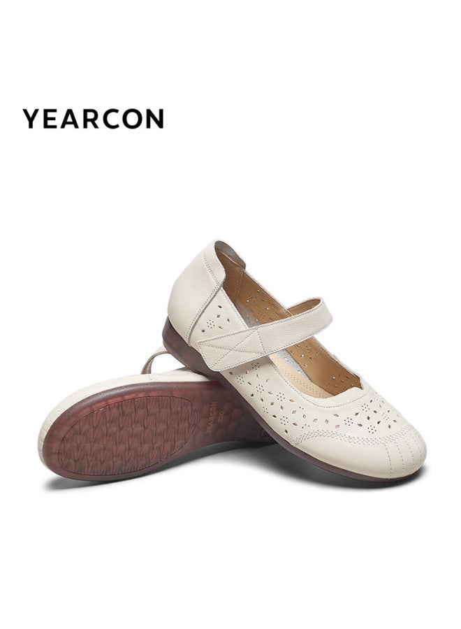 YEARCON Women'S Retro Penny Loafers Low Heel Hollow Single Shoes Casual Mom Shoes 28026W Beige 36 - Image 4