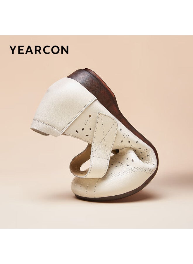 YEARCON Women'S Retro Penny Loafers Low Heel Hollow Single Shoes Casual Mom Shoes 28026W Beige 36 - Image 2