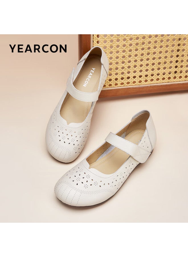 YEARCON Women'S Retro Penny Loafers Low Heel Hollow Single Shoes Casual Mom Shoes 28026W Beige 36 - Image 1