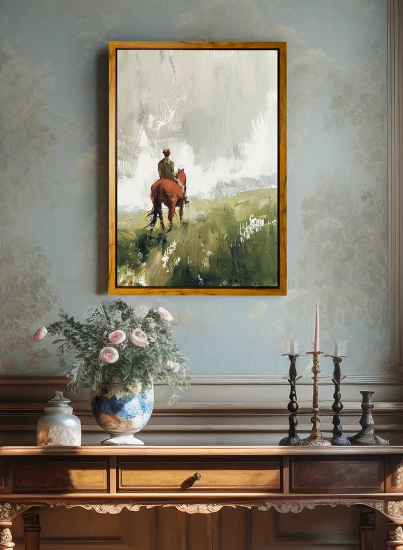 لوحة كانفاس على إطار خشبي بإطار خارجي باللون الخشبي وتصميم فن زيتي كلاسيكي لرجل على الخيل - Image 1