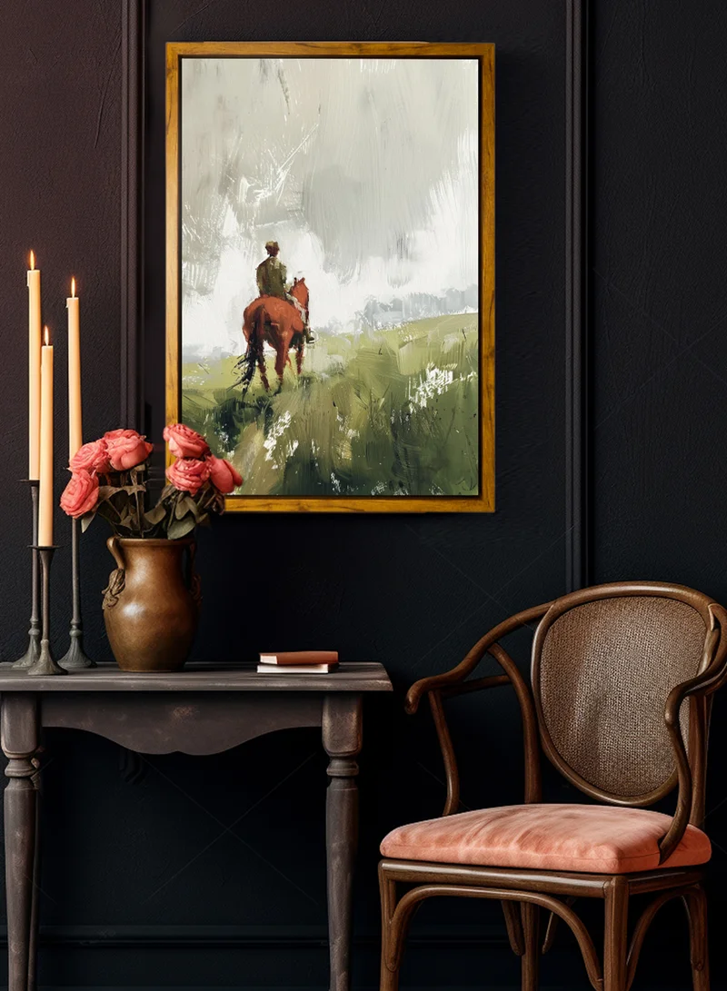 LOWHA Canvas Wall Art Stretched Over Wooden Frame with Wooden Color Floating Frame and Vintage Style Man on a Horse Oil Painting