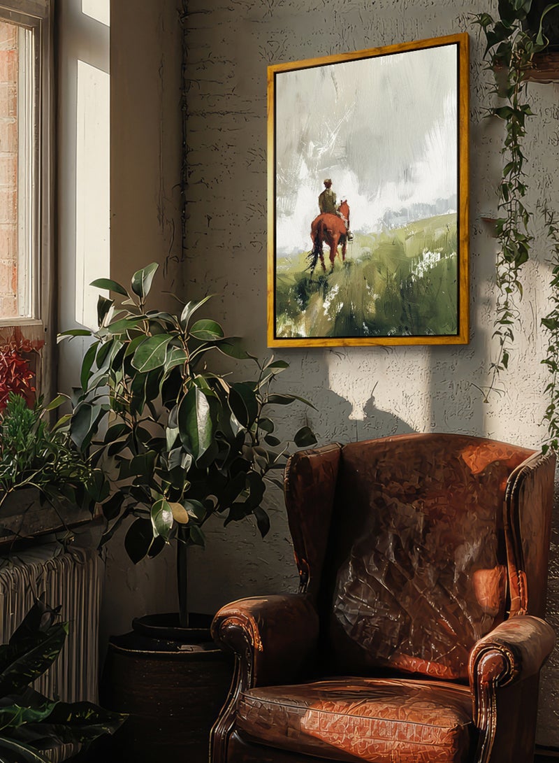 لوحة كانفاس على إطار خشبي بإطار خارجي باللون الخشبي وتصميم فن زيتي كلاسيكي لرجل على الخيل - Image 2