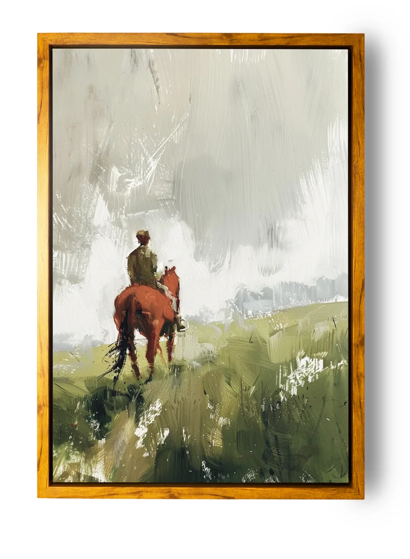 LOWHA Canvas Wall Art Stretched Over Wooden Frame with Wooden Color Floating Frame and Vintage Style Man on a Horse Oil Painting