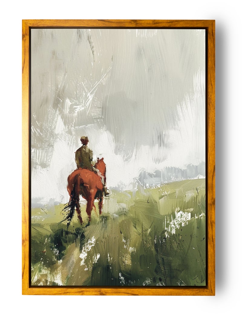 لوحة كانفاس على إطار خشبي بإطار خارجي باللون الخشبي وتصميم فن زيتي كلاسيكي لرجل على الخيل - Image 5