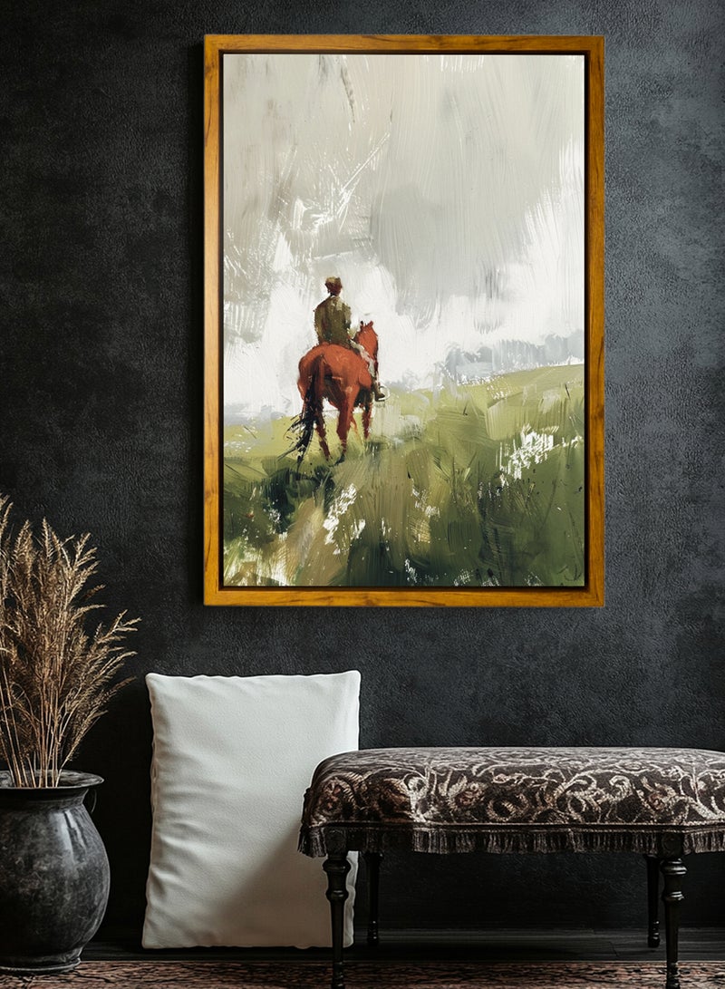 لوحة كانفاس على إطار خشبي بإطار خارجي باللون الخشبي وتصميم فن زيتي كلاسيكي لرجل على الخيل - Image 3