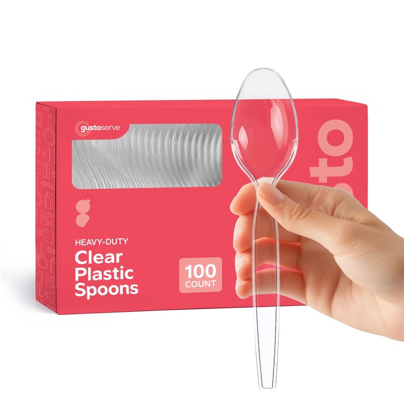 GUSTO [100 Pack] Heavy Duty Disposable Clear Plastic Spoons - Plastic Silverware, Basic Cutlery for Parties, Events, and Everyday Use (Formerly Comfy Package) - Image 1