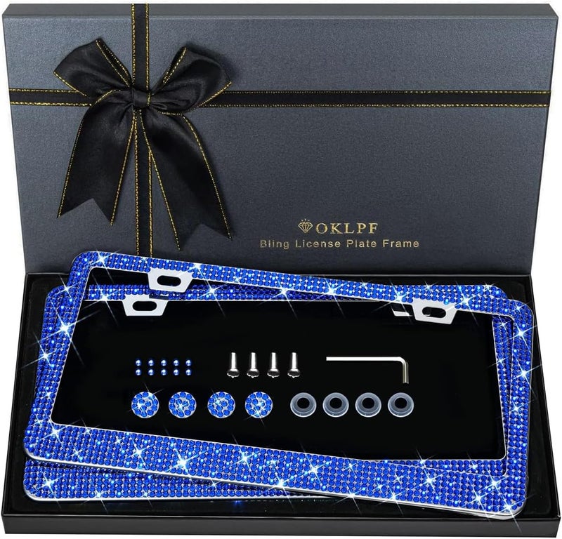 OKLPF Bling License Plate Frame for Women, 2PCS Sparkly License Plate Frames| Over 1200 pcs14 Facets Bedazzled Clear Glass Diamond Rhinestone Crystals w/Free Glitter Diamond Box (Dark Blue) Sand resistant